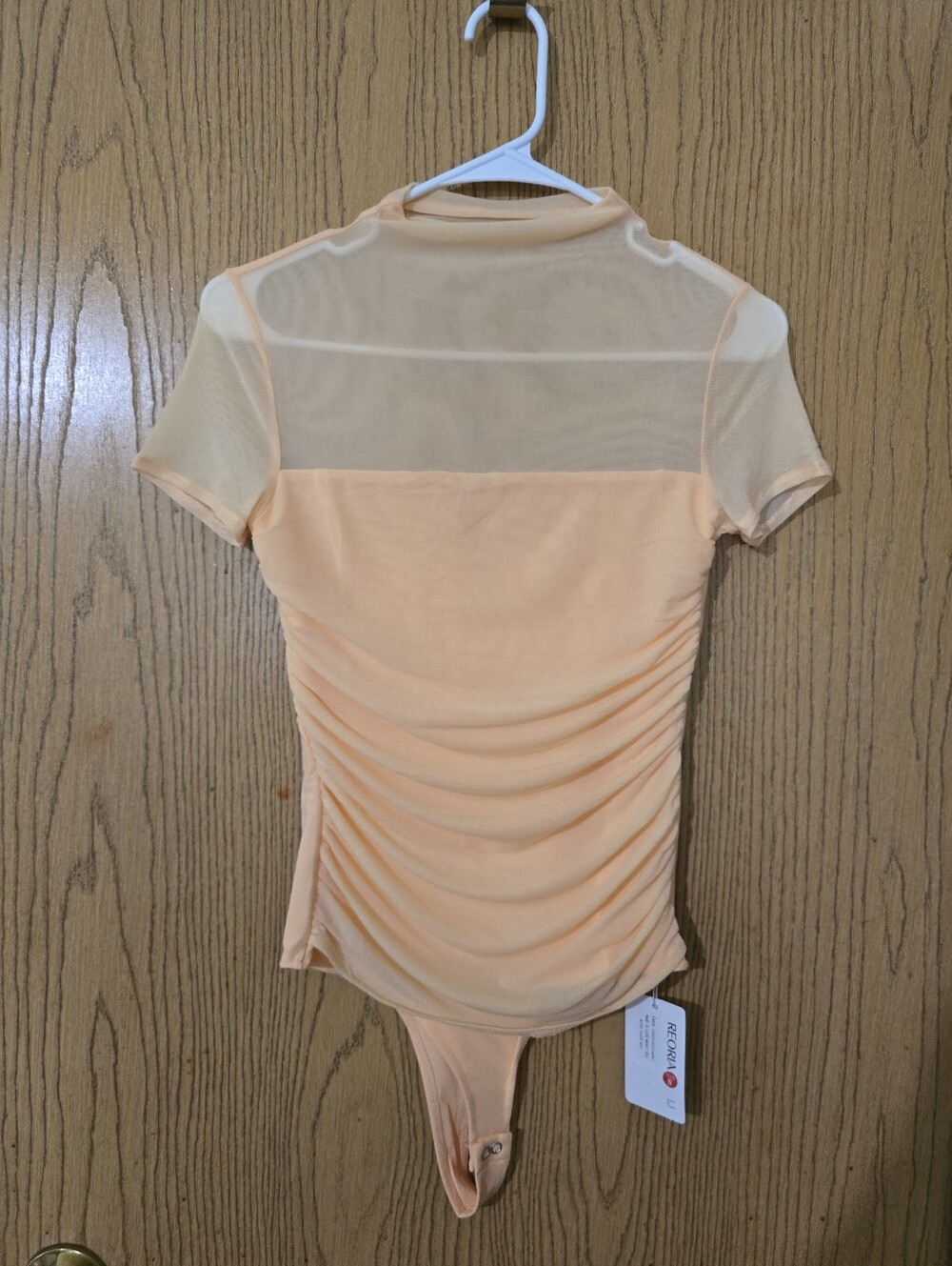 ReoRia Peach Mesh Short Sleeve Ruched Bodysuit